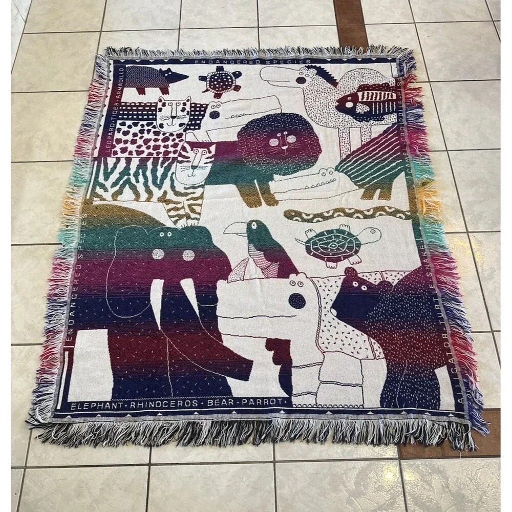 VTG Crown Crafts Woven Throw Blanket Tapestry Rainbow Endangered Species Animals